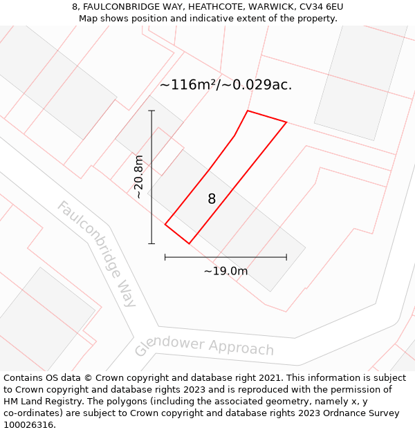 8, FAULCONBRIDGE WAY, HEATHCOTE, WARWICK, CV34 6EU: Plot and title map