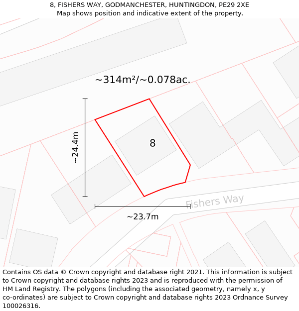 8, FISHERS WAY, GODMANCHESTER, HUNTINGDON, PE29 2XE: Plot and title map