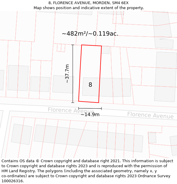 8, FLORENCE AVENUE, MORDEN, SM4 6EX: Plot and title map