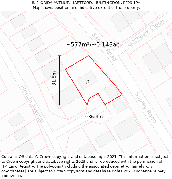 8, FLORIDA AVENUE, HARTFORD, HUNTINGDON, PE29 1PY: Plot and title map