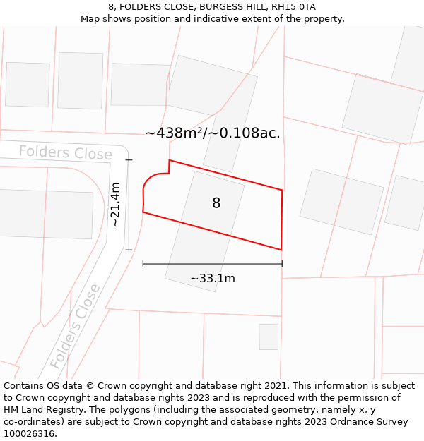 8, FOLDERS CLOSE, BURGESS HILL, RH15 0TA: Plot and title map