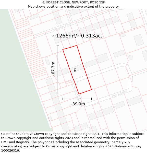 8, FOREST CLOSE, NEWPORT, PO30 5SF: Plot and title map