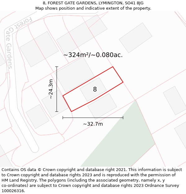 8, FOREST GATE GARDENS, LYMINGTON, SO41 8JG: Plot and title map