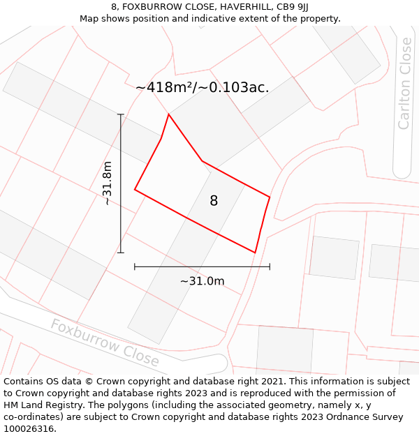 8, FOXBURROW CLOSE, HAVERHILL, CB9 9JJ: Plot and title map