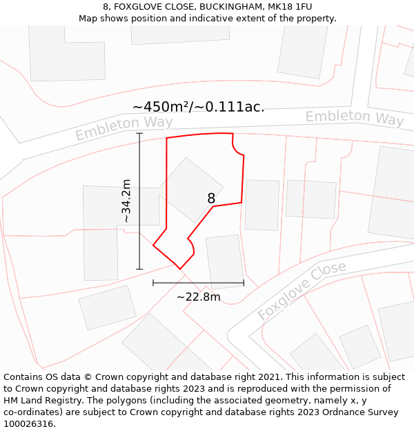 8, FOXGLOVE CLOSE, BUCKINGHAM, MK18 1FU: Plot and title map