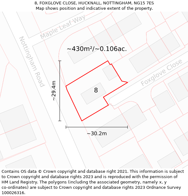 8, FOXGLOVE CLOSE, HUCKNALL, NOTTINGHAM, NG15 7ES: Plot and title map