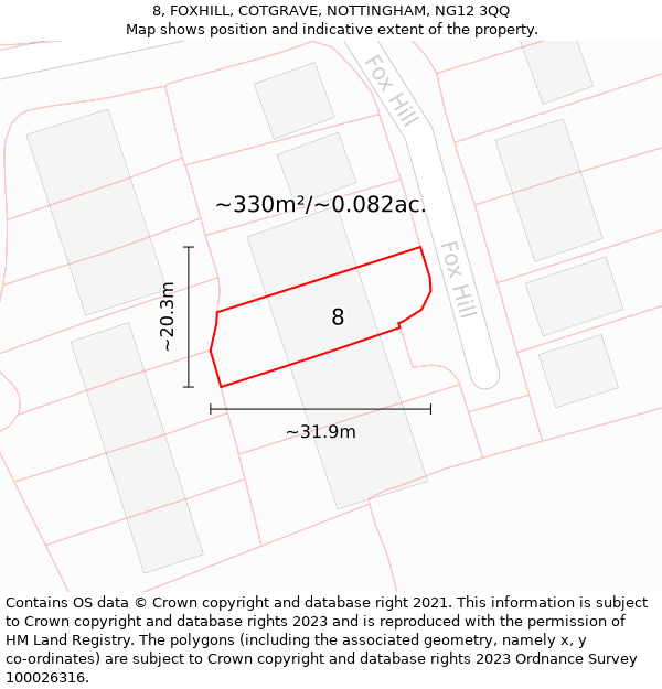 8, FOXHILL, COTGRAVE, NOTTINGHAM, NG12 3QQ: Plot and title map