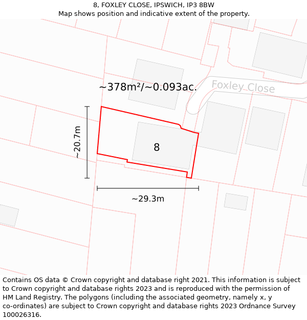 8, FOXLEY CLOSE, IPSWICH, IP3 8BW: Plot and title map