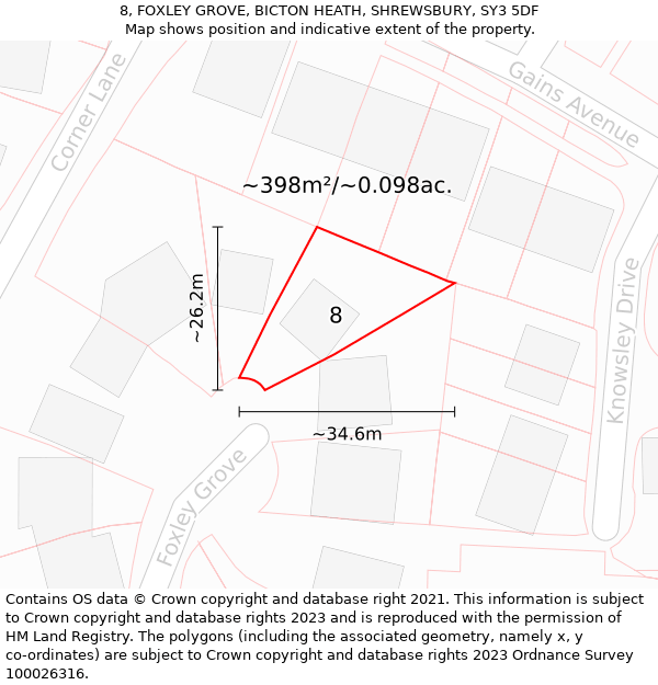 8, FOXLEY GROVE, BICTON HEATH, SHREWSBURY, SY3 5DF: Plot and title map