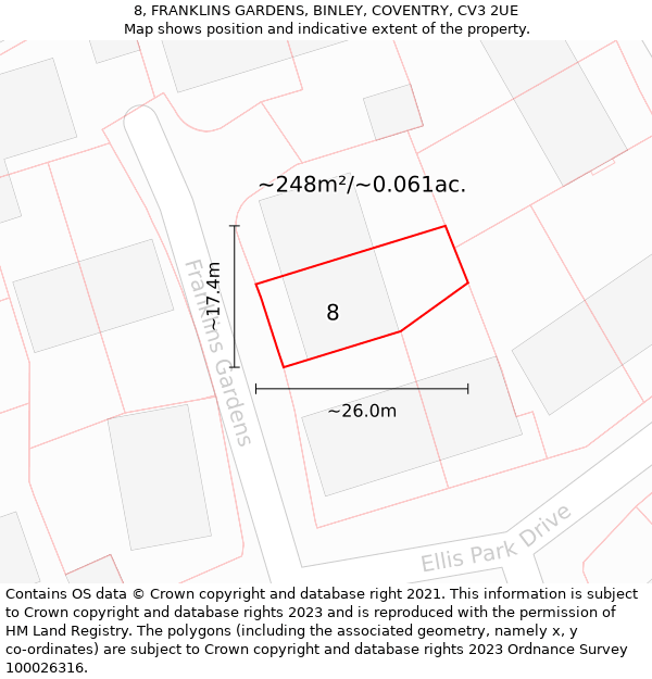 8, FRANKLINS GARDENS, BINLEY, COVENTRY, CV3 2UE: Plot and title map