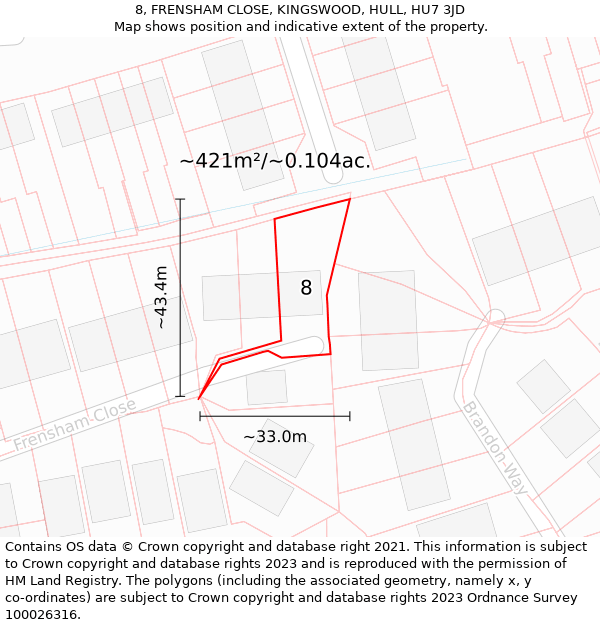 8, FRENSHAM CLOSE, KINGSWOOD, HULL, HU7 3JD: Plot and title map