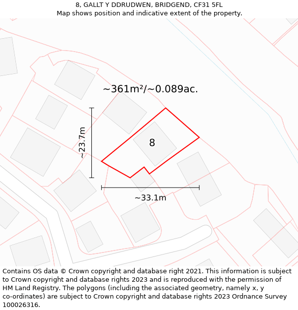 8, GALLT Y DDRUDWEN, BRIDGEND, CF31 5FL: Plot and title map