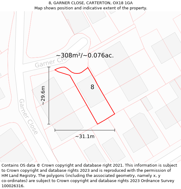 8, GARNER CLOSE, CARTERTON, OX18 1GA: Plot and title map