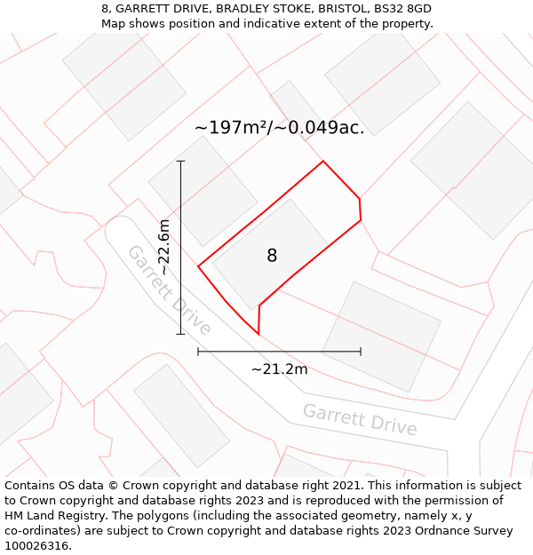 8, GARRETT DRIVE, BRADLEY STOKE, BRISTOL, BS32 8GD: Plot and title map