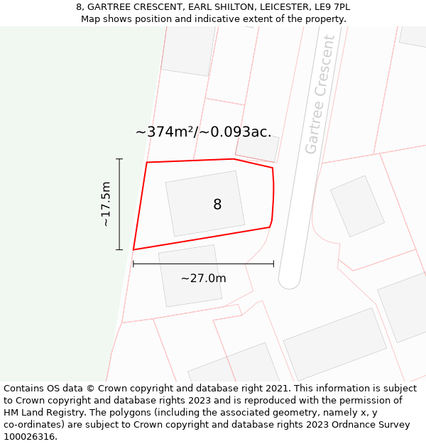 8, GARTREE CRESCENT, EARL SHILTON, LEICESTER, LE9 7PL: Plot and title map