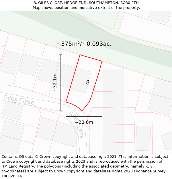 8, GILES CLOSE, HEDGE END, SOUTHAMPTON, SO30 2TH: Plot and title map