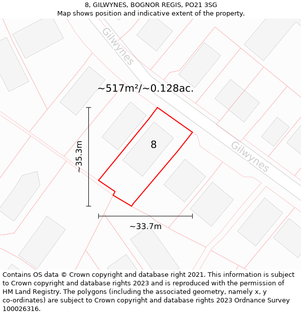 8, GILWYNES, BOGNOR REGIS, PO21 3SG: Plot and title map