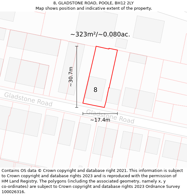 8, GLADSTONE ROAD, POOLE, BH12 2LY: Plot and title map