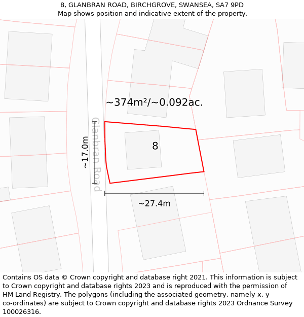 8, GLANBRAN ROAD, BIRCHGROVE, SWANSEA, SA7 9PD: Plot and title map