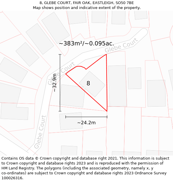 8, GLEBE COURT, FAIR OAK, EASTLEIGH, SO50 7BE: Plot and title map