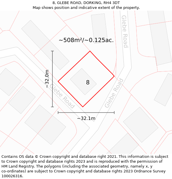 8, GLEBE ROAD, DORKING, RH4 3DT: Plot and title map