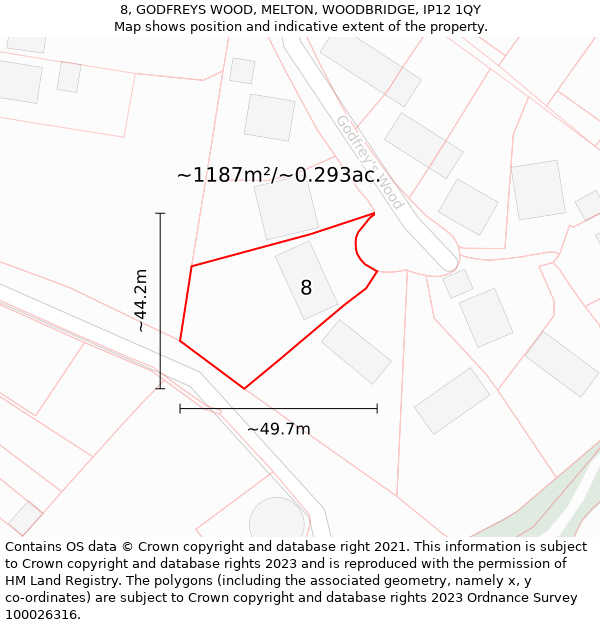 8, GODFREYS WOOD, MELTON, WOODBRIDGE, IP12 1QY: Plot and title map