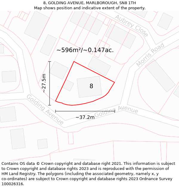 8, GOLDING AVENUE, MARLBOROUGH, SN8 1TH: Plot and title map