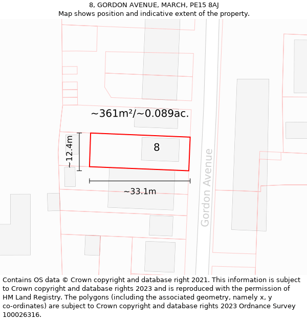 8, GORDON AVENUE, MARCH, PE15 8AJ: Plot and title map