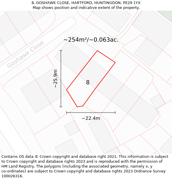 8, GOSHAWK CLOSE, HARTFORD, HUNTINGDON, PE29 1YX: Plot and title map