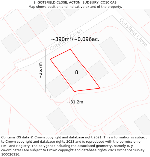 8, GOTSFIELD CLOSE, ACTON, SUDBURY, CO10 0AS: Plot and title map