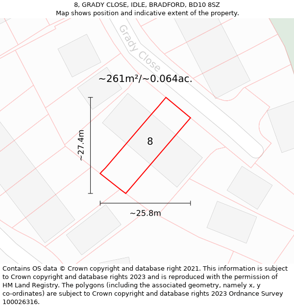 8, GRADY CLOSE, IDLE, BRADFORD, BD10 8SZ: Plot and title map