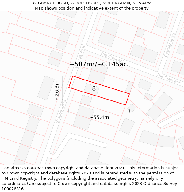 8, GRANGE ROAD, WOODTHORPE, NOTTINGHAM, NG5 4FW: Plot and title map