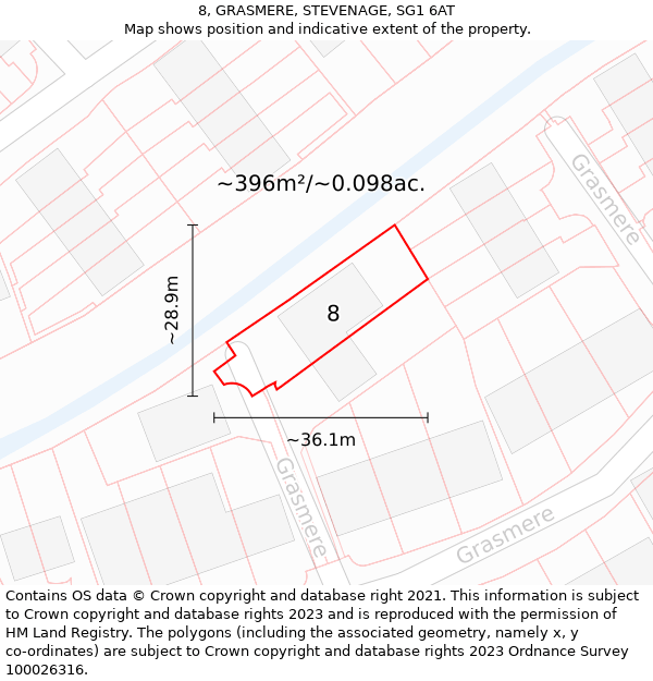 8, GRASMERE, STEVENAGE, SG1 6AT: Plot and title map