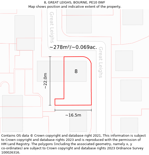 8, GREAT LEIGHS, BOURNE, PE10 0WF: Plot and title map