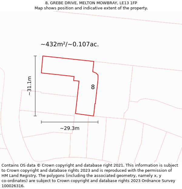 8, GREBE DRIVE, MELTON MOWBRAY, LE13 1FP: Plot and title map