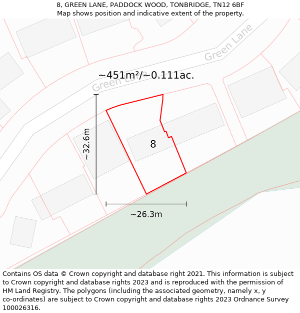 8, GREEN LANE, PADDOCK WOOD, TONBRIDGE, TN12 6BF: Plot and title map