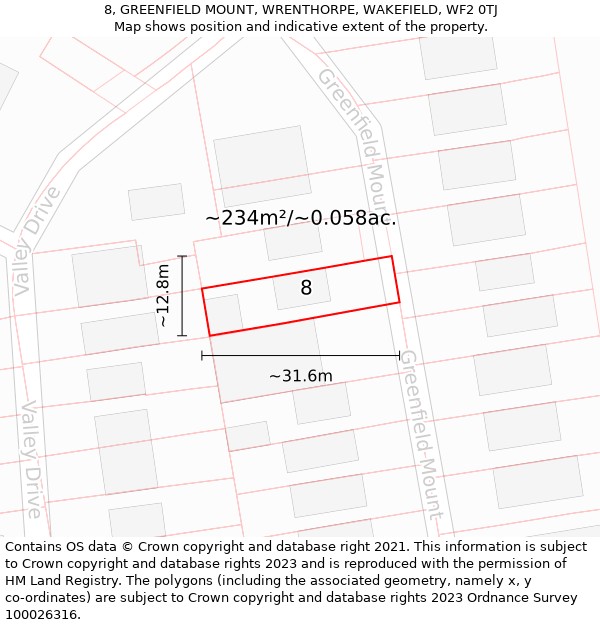 8, GREENFIELD MOUNT, WRENTHORPE, WAKEFIELD, WF2 0TJ: Plot and title map