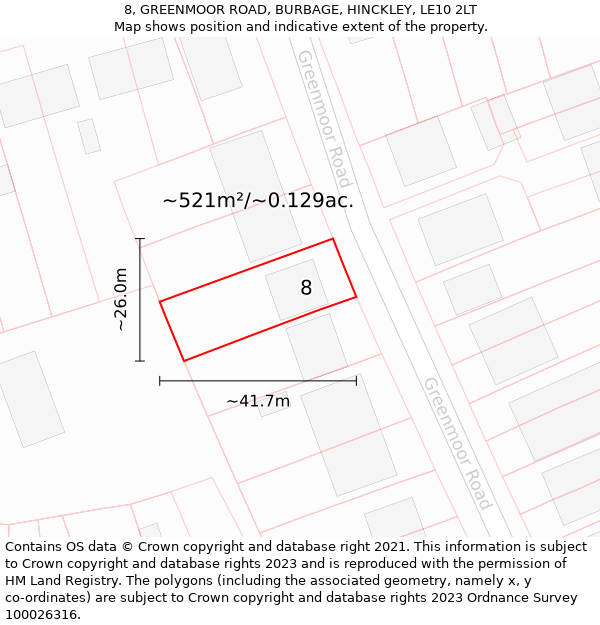 8, GREENMOOR ROAD, BURBAGE, HINCKLEY, LE10 2LT: Plot and title map