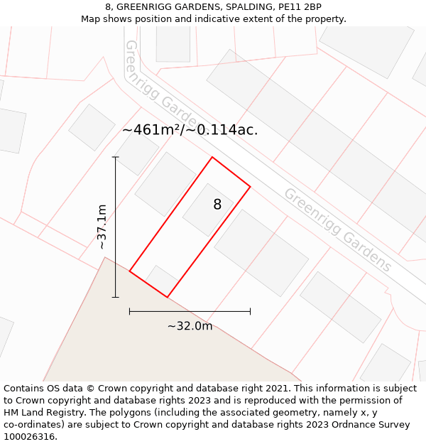 8, GREENRIGG GARDENS, SPALDING, PE11 2BP: Plot and title map