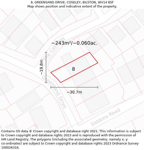 8, GREENSAND DRIVE, COSELEY, BILSTON, WV14 8SF: Plot and title map