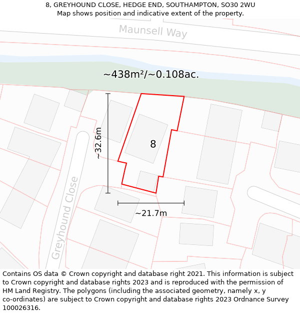 8, GREYHOUND CLOSE, HEDGE END, SOUTHAMPTON, SO30 2WU: Plot and title map