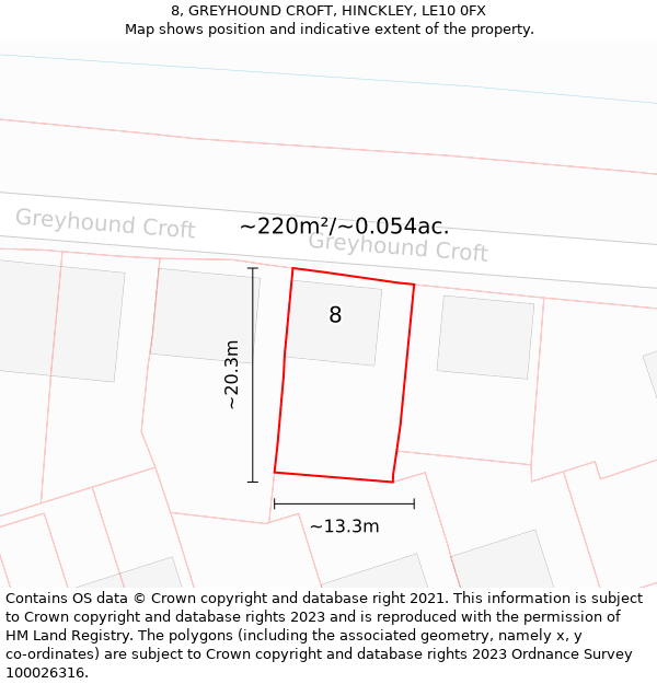 8, GREYHOUND CROFT, HINCKLEY, LE10 0FX: Plot and title map