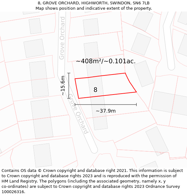 8, GROVE ORCHARD, HIGHWORTH, SWINDON, SN6 7LB: Plot and title map