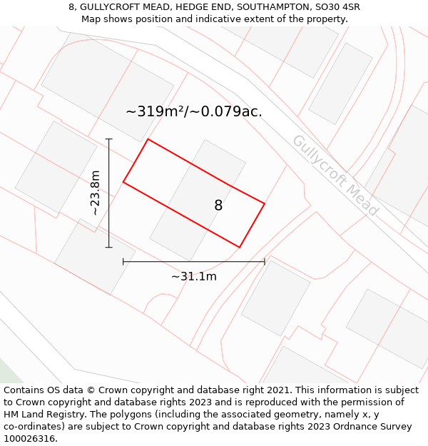 8, GULLYCROFT MEAD, HEDGE END, SOUTHAMPTON, SO30 4SR: Plot and title map