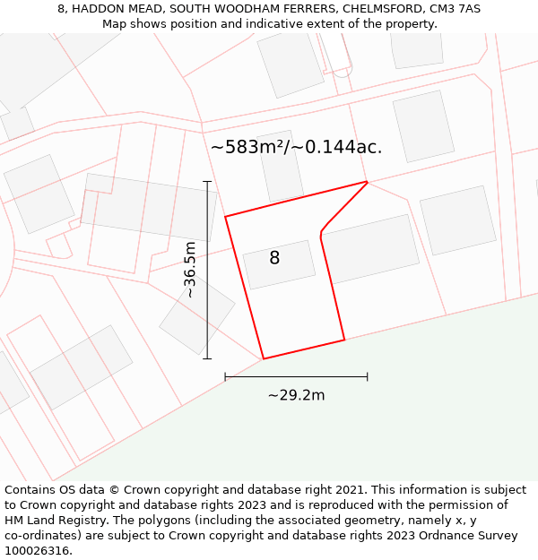 8, HADDON MEAD, SOUTH WOODHAM FERRERS, CHELMSFORD, CM3 7AS: Plot and title map