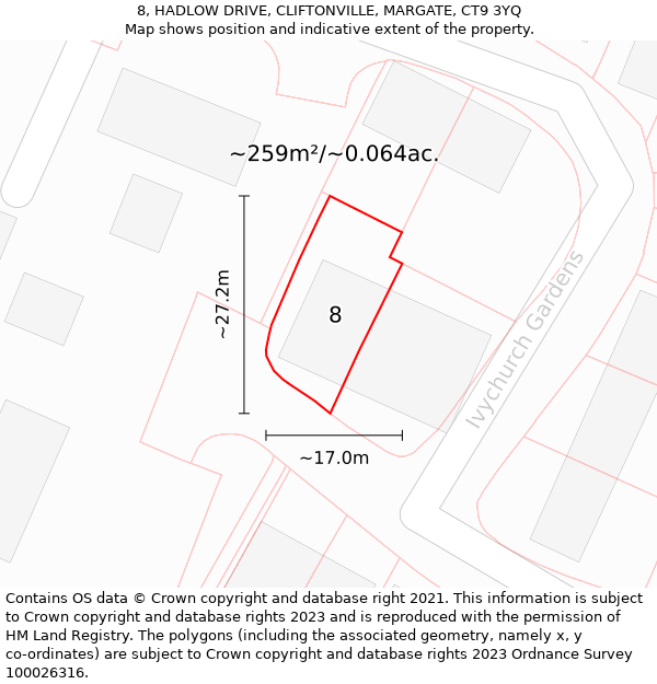 8, HADLOW DRIVE, CLIFTONVILLE, MARGATE, CT9 3YQ: Plot and title map