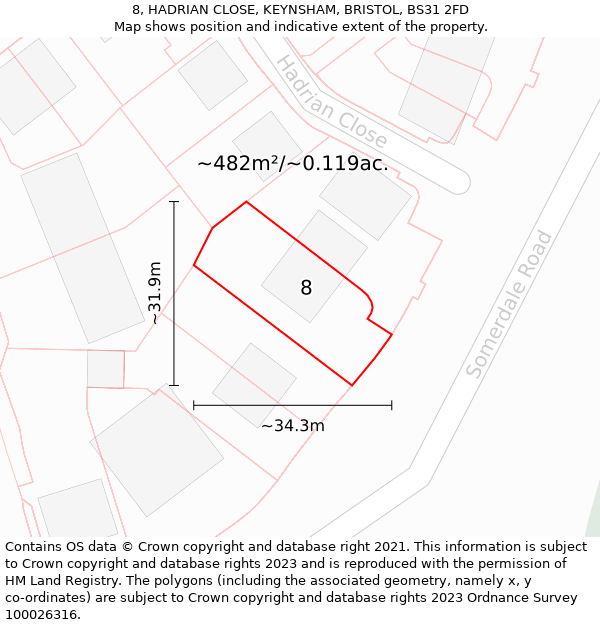 8, HADRIAN CLOSE, KEYNSHAM, BRISTOL, BS31 2FD: Plot and title map