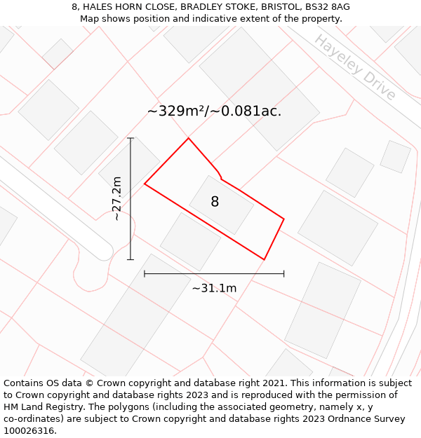 8, HALES HORN CLOSE, BRADLEY STOKE, BRISTOL, BS32 8AG: Plot and title map