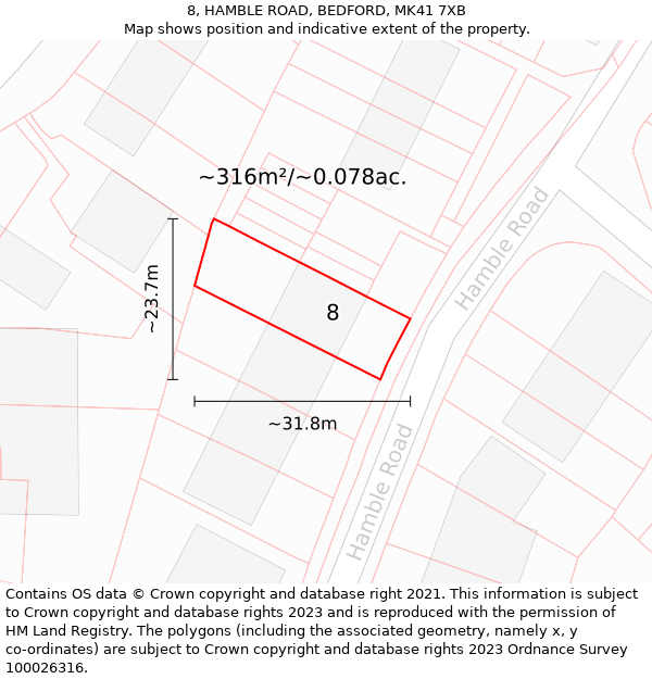 8, HAMBLE ROAD, BEDFORD, MK41 7XB: Plot and title map