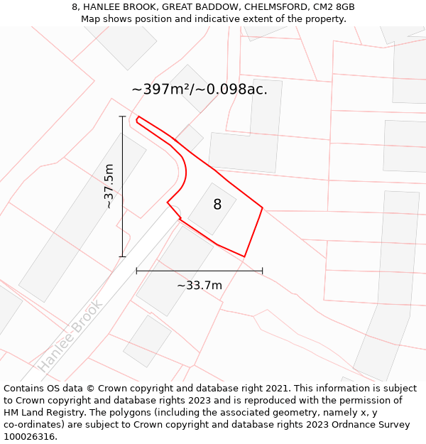 8, HANLEE BROOK, GREAT BADDOW, CHELMSFORD, CM2 8GB: Plot and title map